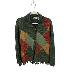 Vintage Fall Sweater Alfred Dunner Green Patchwork Fringe Cardigan Size L Boho